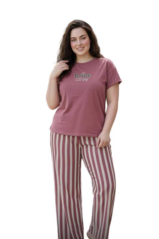 Plus Size Women’s Summer Pajama Set – SM9076 - Dusty Rose Love T-Shirt & Striped Pants | Soft Cotton Sleepwear |SM9076