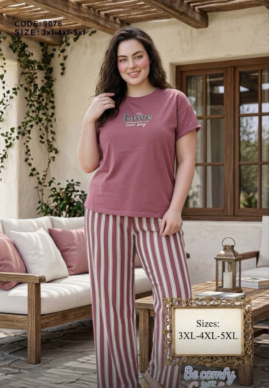 Plus Size Women’s Summer Pajama Set – Dusty Rose Love T-Shirt & Striped Pants | Soft Cotton Sleepwear |SM9076