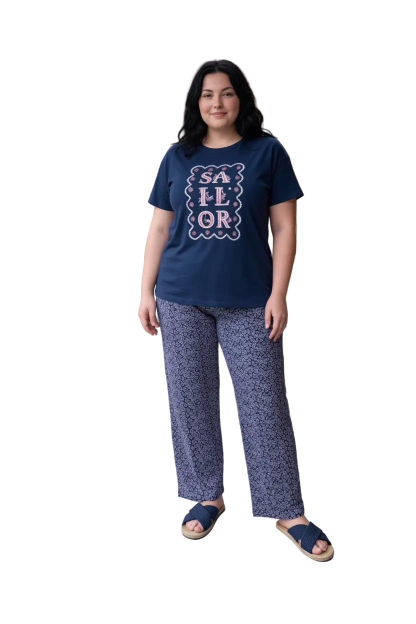 Plus Size Women’s Summer Pajama Set – Navy Sailor Printed T-Shirt & Floral Lounge Pants | Soft Cotton Sleepwear |SM9173