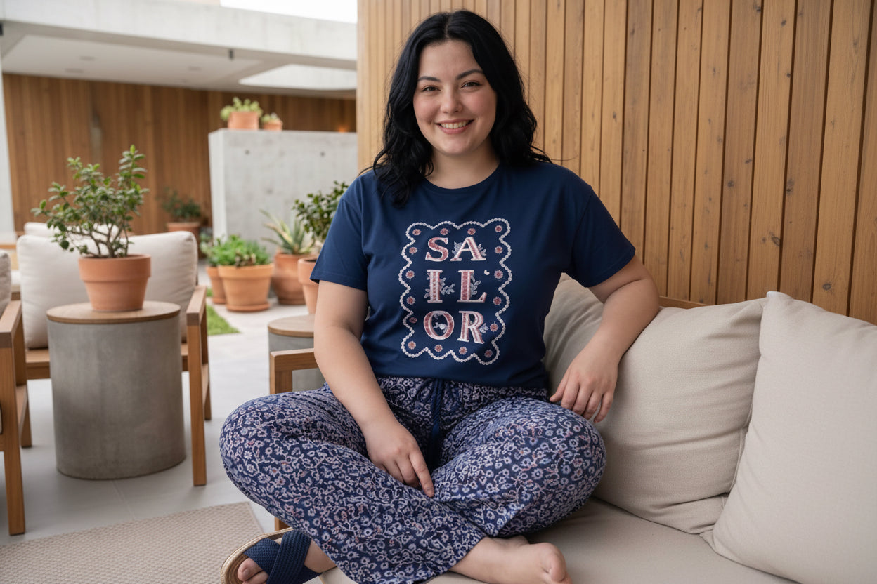 Plus Size Women’s Summer Pajama Set – Navy Sailor Printed T-Shirt & Floral Lounge Pants | Soft Cotton Sleepwear |SM9173