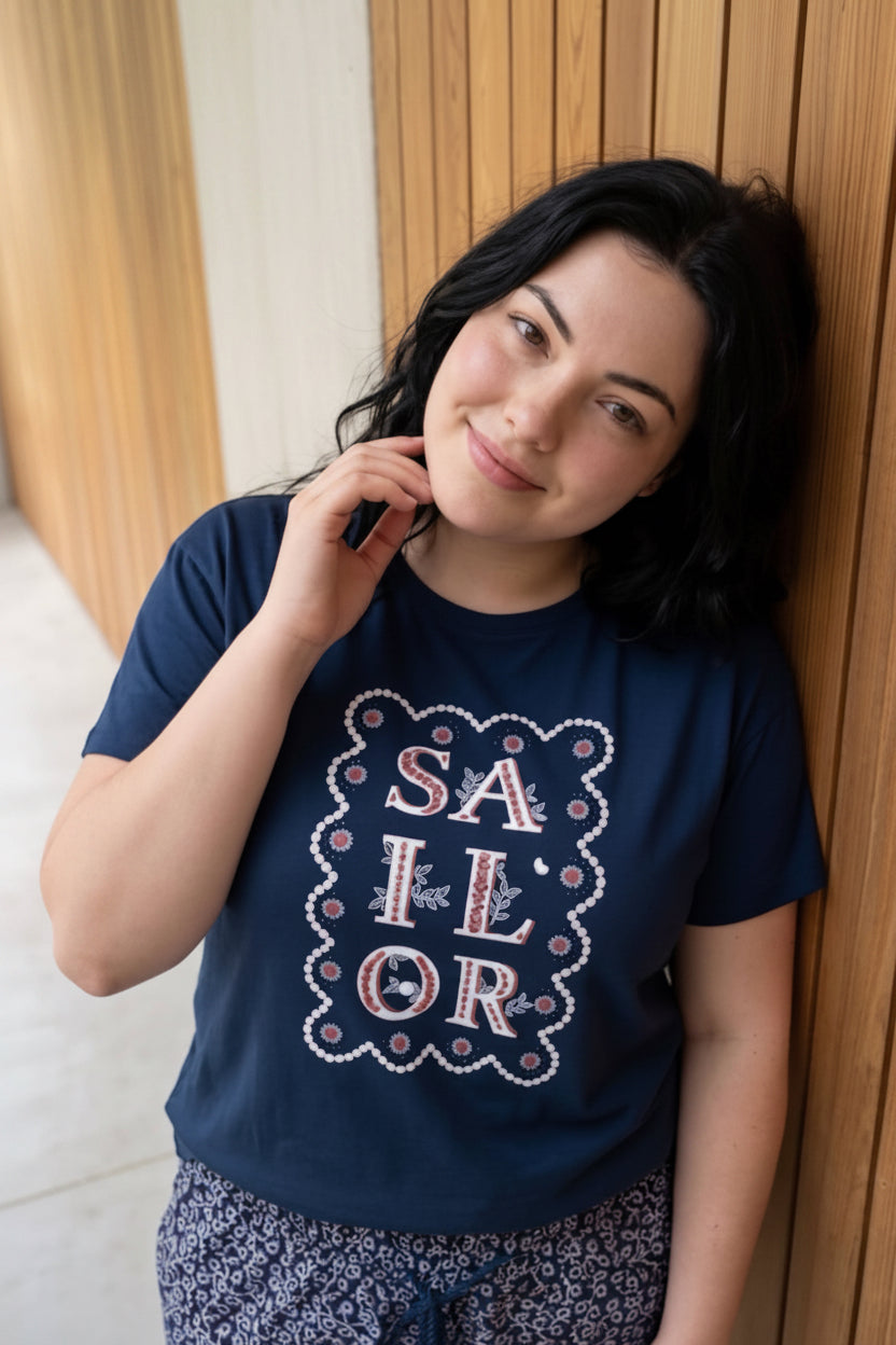 Plus Size Women’s Summer Pajama Set – Navy Sailor Printed T-Shirt & Floral Lounge Pants | Soft Cotton Sleepwear |SM9173