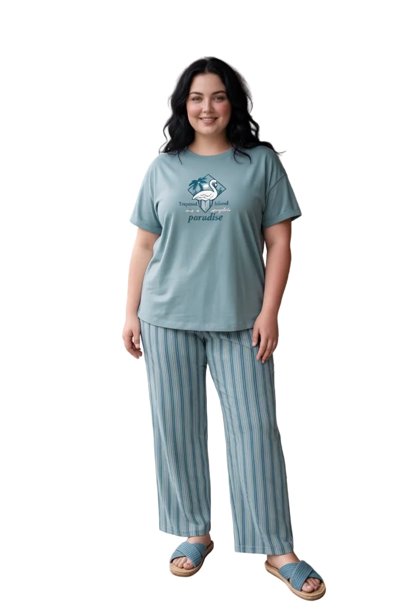 Women’s Plus Size Summer Pajama Soft Cotton Short Sleeve T-Shirt & Striped Lounge Pants | SM9180