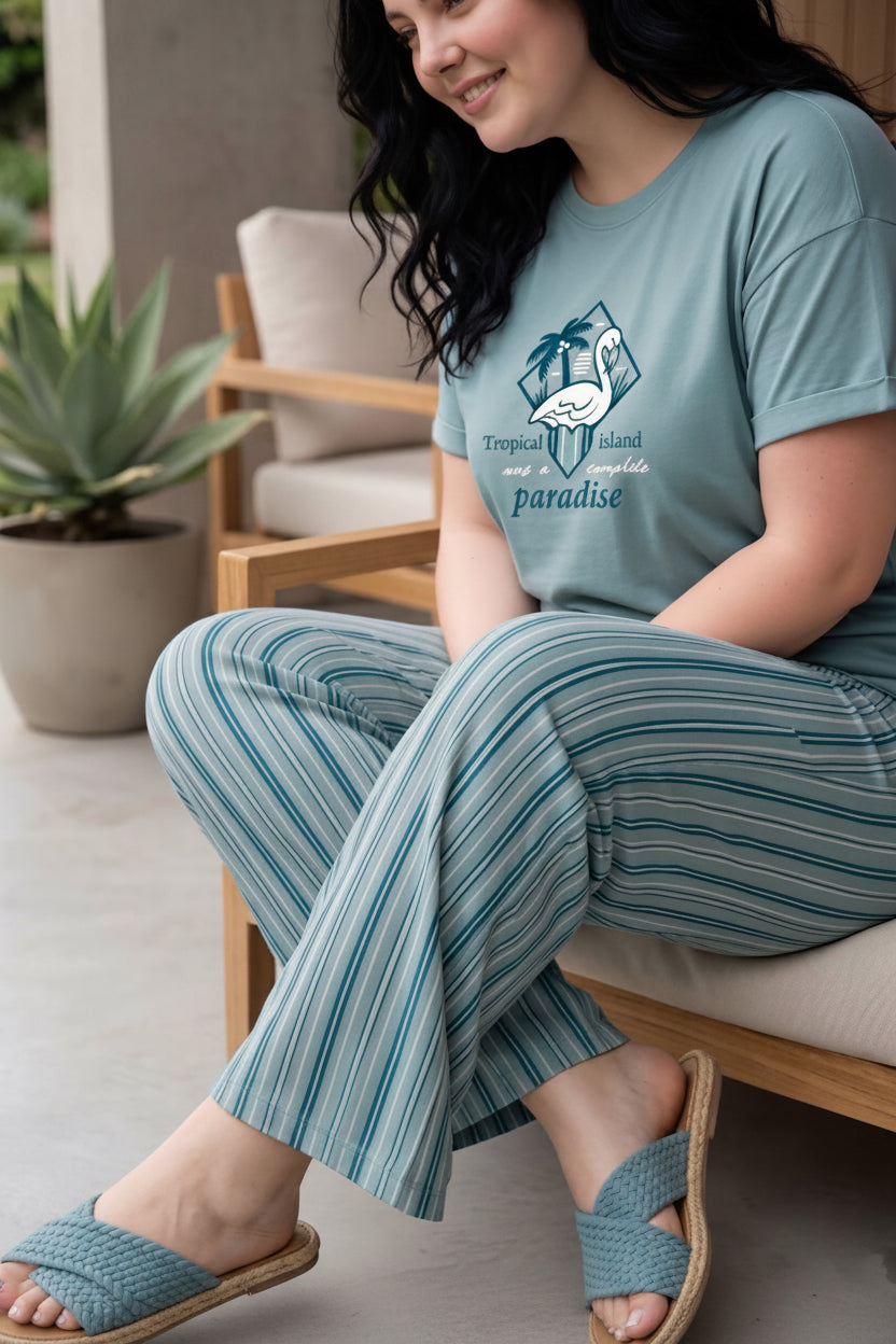 Women’s Plus Size Summer Pajama Soft Cotton Short Sleeve T-Shirt & Striped Lounge Pants | SM9180