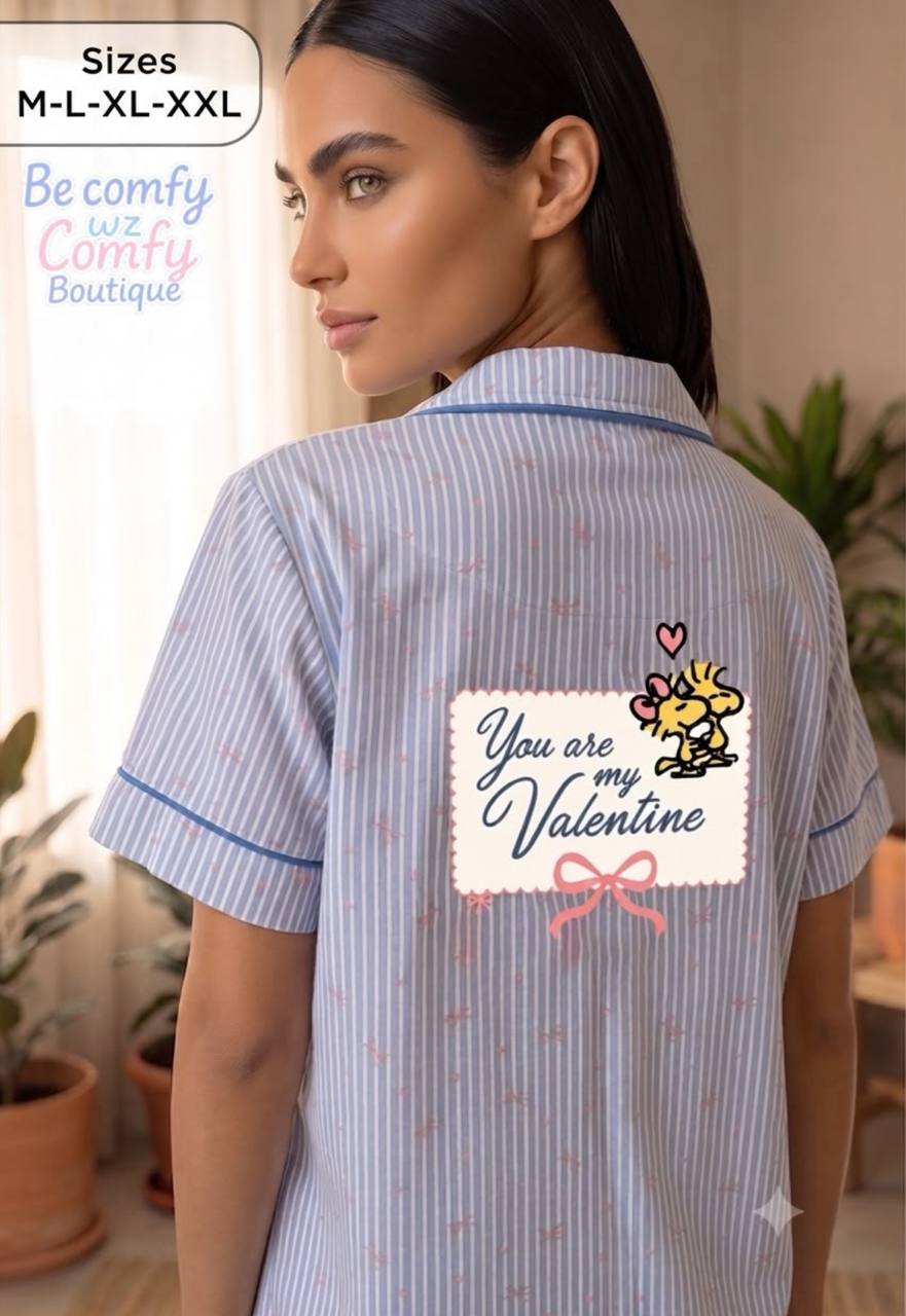 Women’s Blue Striped Cotton Pajama Set – Short Sleeve Button-Up Sleepwear | SM8135
