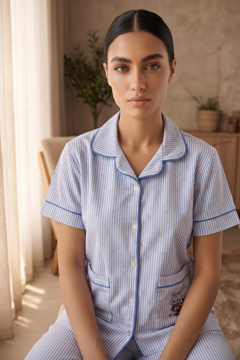 Women’s Blue Striped Cotton Pajama Set – Short Sleeve Button-Up Sleepwear | SM8135