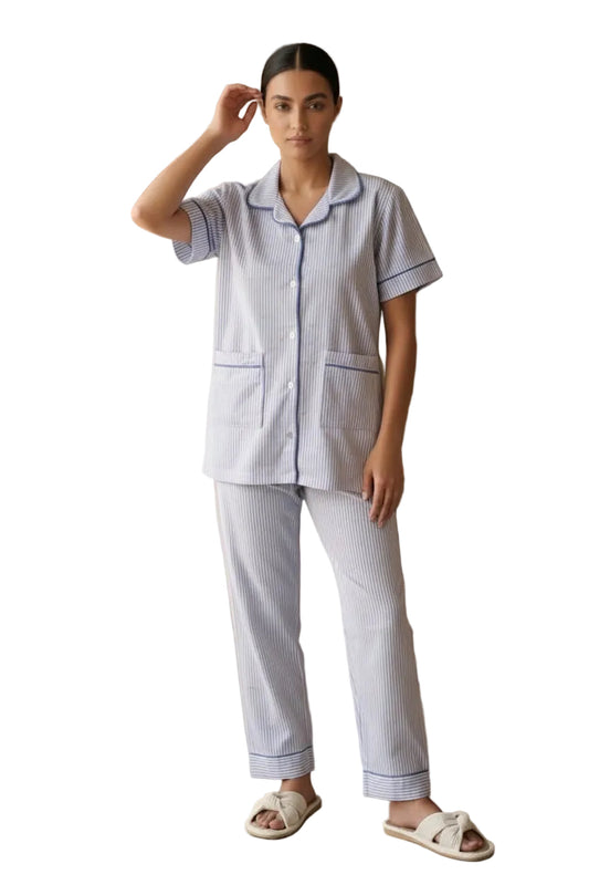 Women’s Blue Striped Cotton Pajama Set – SM8135- Short Sleeve Button-Up Sleepwear | SM8135