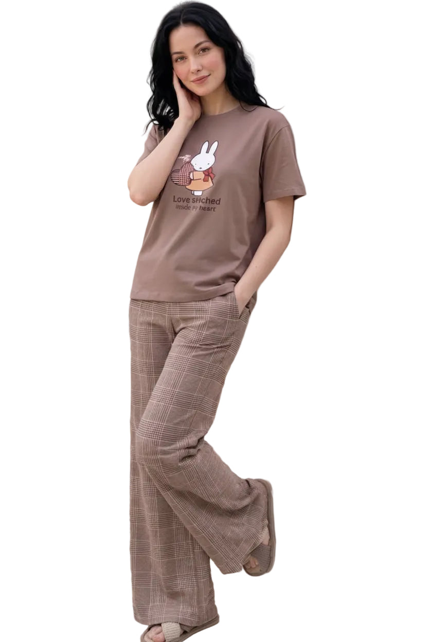 Women’s Brown Bunny Print Cotton Pajama Set – Short Sleeve T-Shirt & Plaid Wide Leg Pants | SM6147