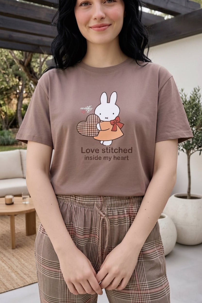 Women’s Brown Bunny Print Cotton Pajama Set – Short Sleeve T-Shirt & Plaid Wide Leg Pants | SM6147