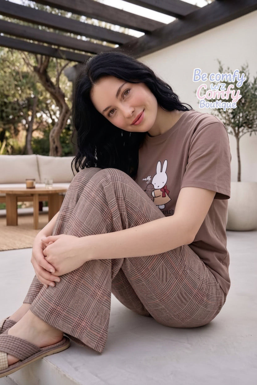 Women’s Brown Bunny Print Cotton Pajama Set – Short Sleeve T-Shirt & Plaid Wide Leg Pants | SM6147