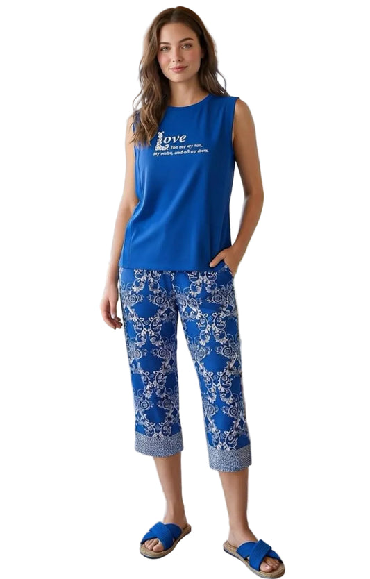 Women’s Blue Cotton Pajama Set – Sleeveless Top & Floral Capri Lounge Pants | Summer Sleepwear |SM5069