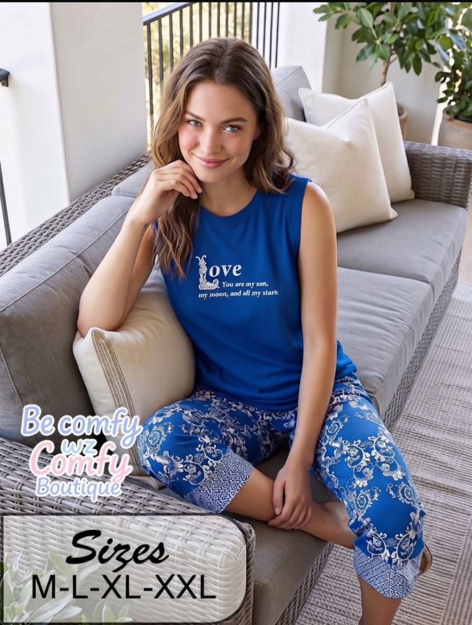 Women’s Blue Cotton Pajama Set – Sleeveless Top & Floral Capri Lounge Pants | Summer Sleepwear |SM5069