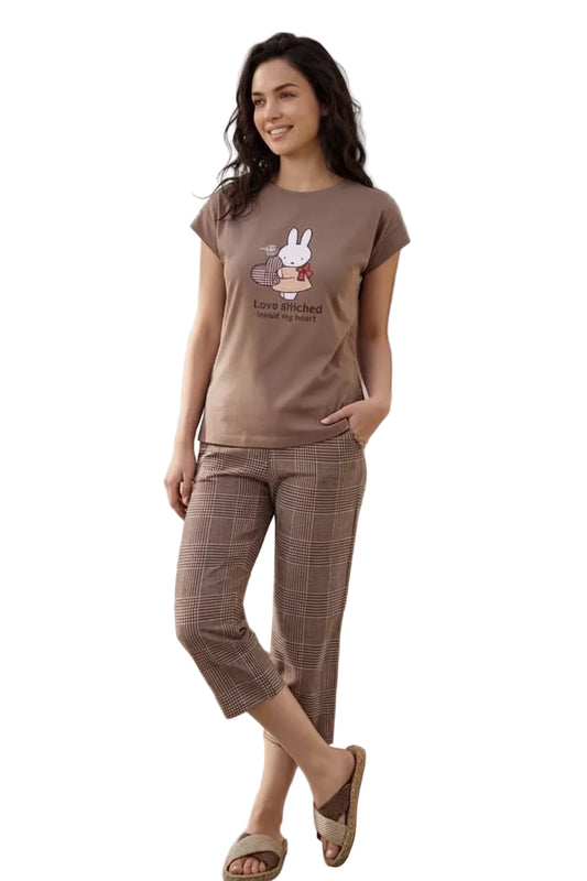 Women’s Brown Bunny Print Cotton Pajama Set – SM5147 - Short Sleeve T-Shirt & Plaid Capri Lounge Pants | Summer Sleepwear | SM5147