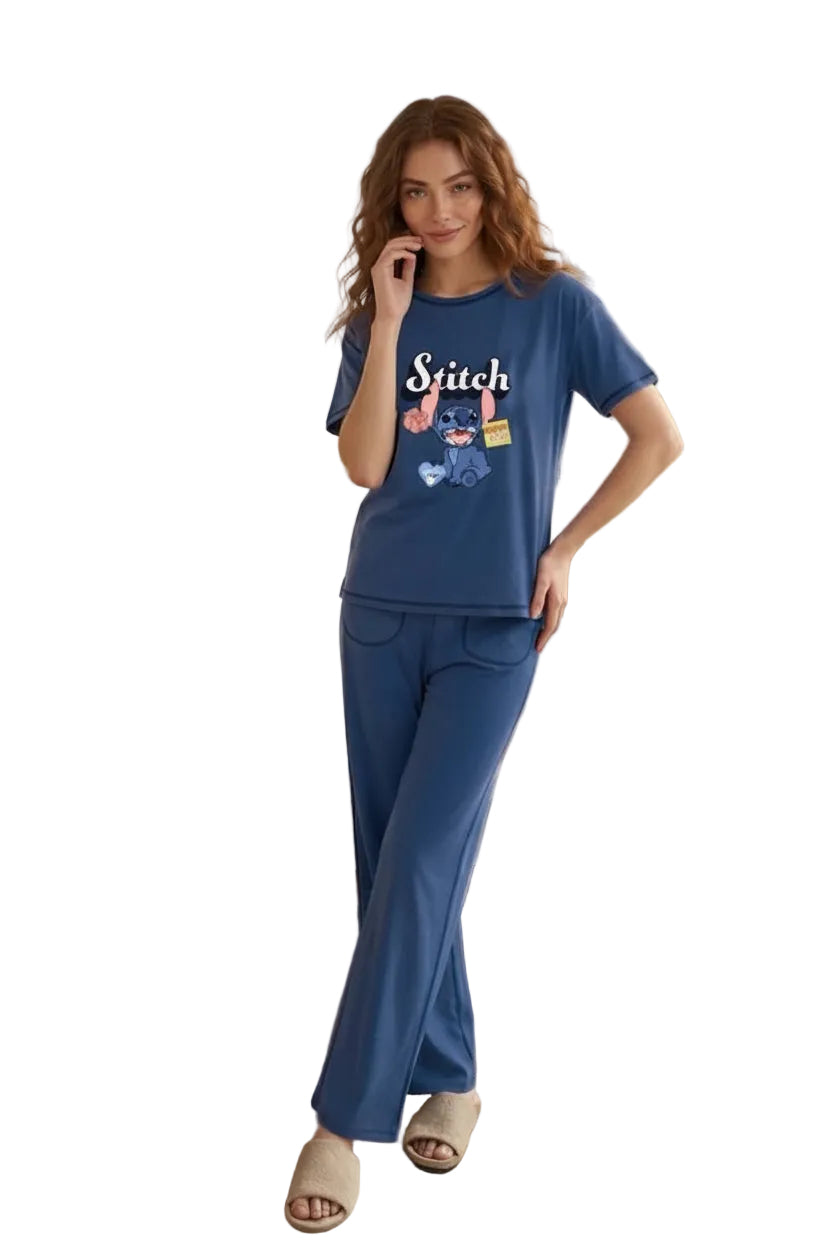 Disney Stitch Women’s Summer Pajama Set – Soft Cotton Loungewear, Blue Two-Piece Sleepwear with Pockets | SM6156B