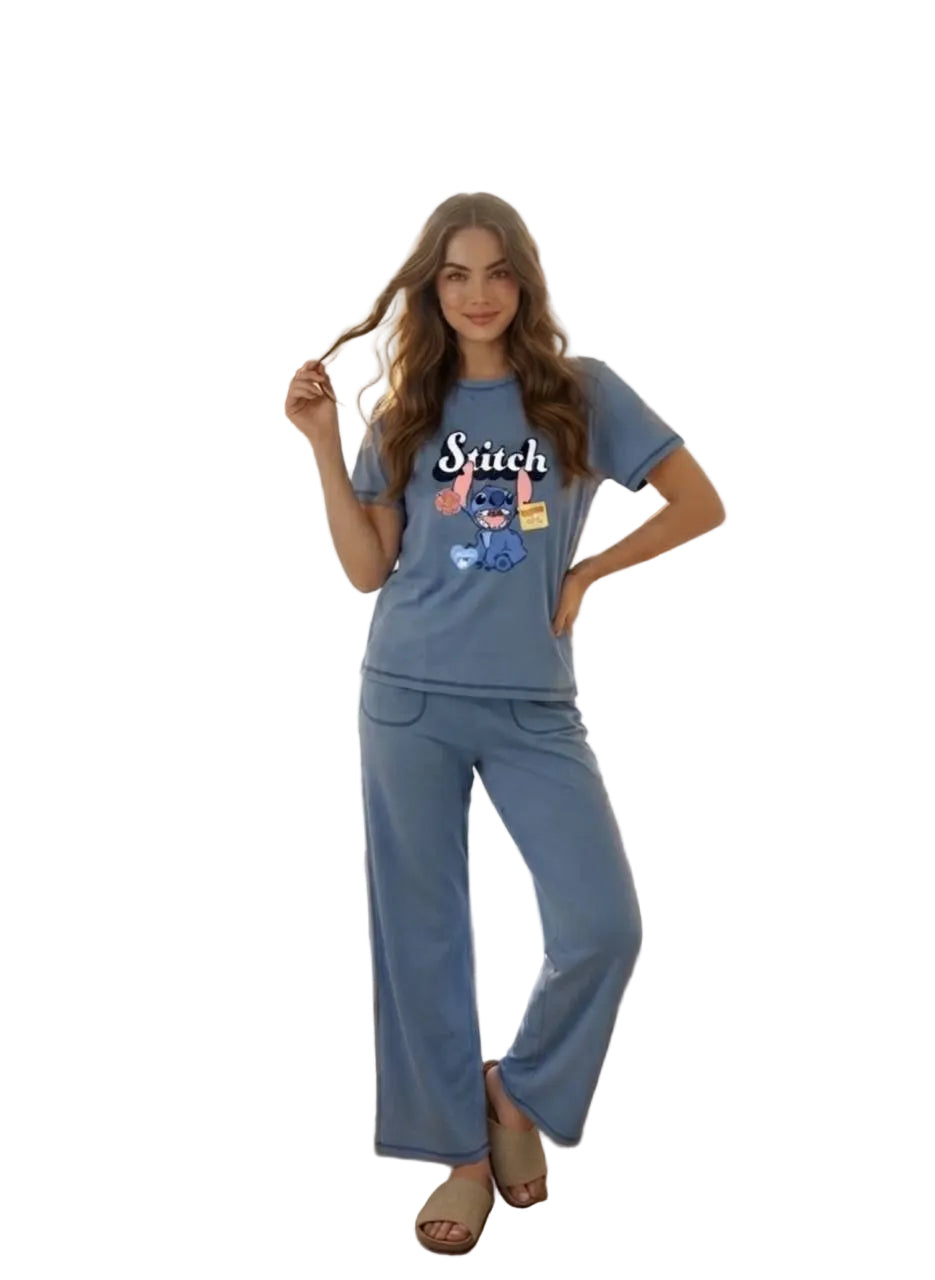 Stitch Women’s Summer Pajama Set – Soft Cotton Short Sleeve & Long Pants Sleepwear |SM6156A