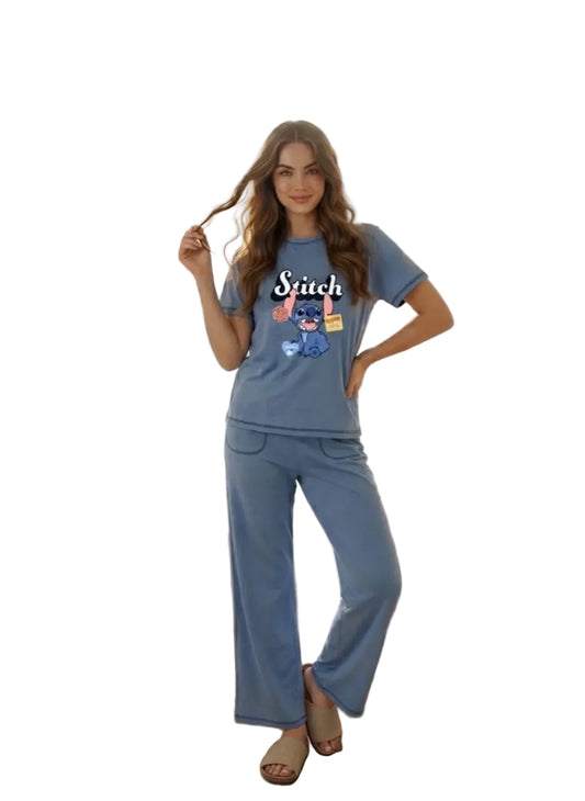 Stitch Women’s Summer Pajama Set – Soft Cotton Short Sleeve & Long Pants Sleepwear |SM6156A