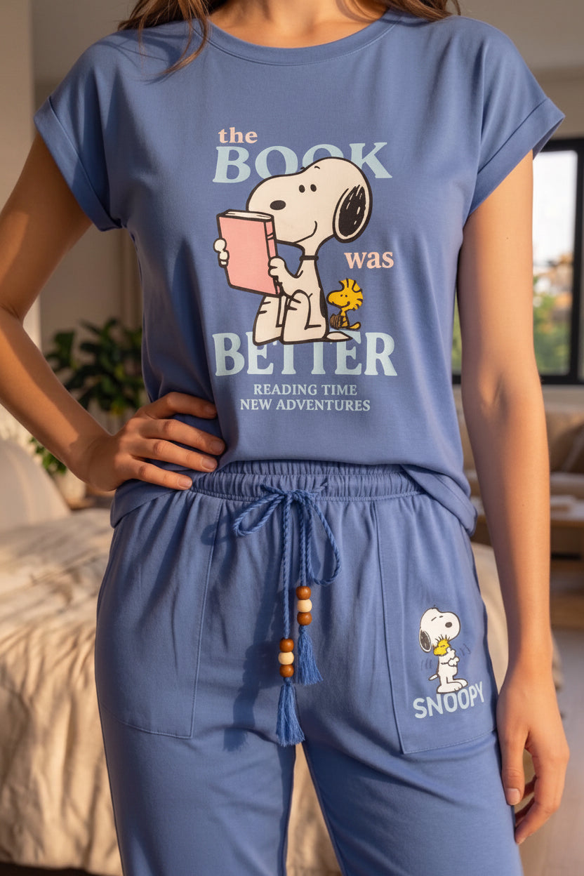 Women’s Snoopy Cotton Pajama Set – Blue Short Sleeve T-Shirt & Full-Length Pants | Soft Summer Sleepwear |SM6151C