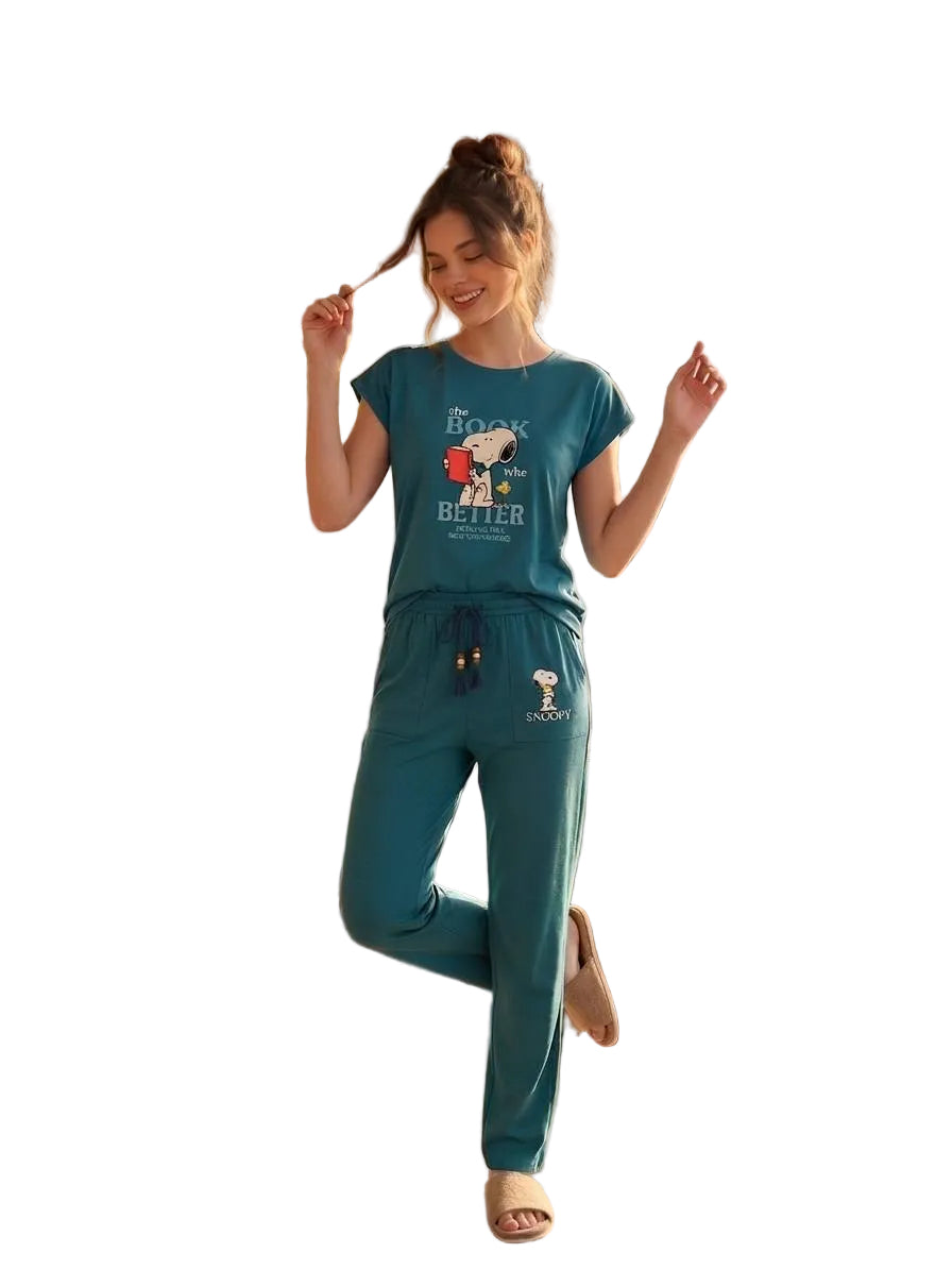 Women’s Snoopy Cotton Pajama Set – Summer Short Sleeve Lounge & Sleepwear, Drawstring Pants, |Teal Green| SM6151A