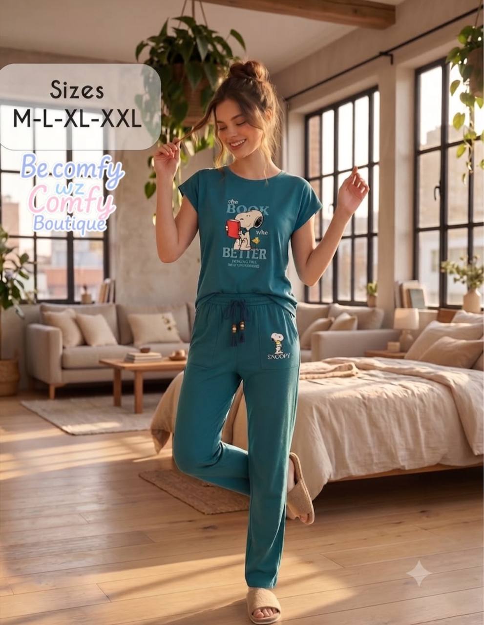Women’s Snoopy Cotton Pajama Set – Summer Short Sleeve Lounge & Sleepwear, Drawstring Pants, |Teal Green| SM6151A