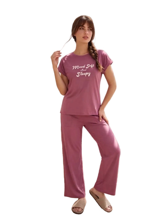 Women’s Soft Cotton Pajama Set – SM6155C - Mood Soft &   Sleepy Print Short Sleeve Loungewear, Pink| SM6155C