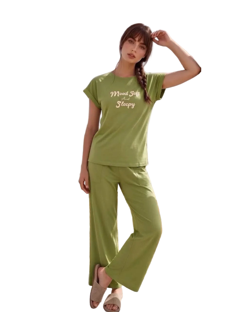 Women’s Soft Cotton Pajama Set – Mood Soft &   Sleepy Print Short Sleeve Loungewear, Green| SM6155A