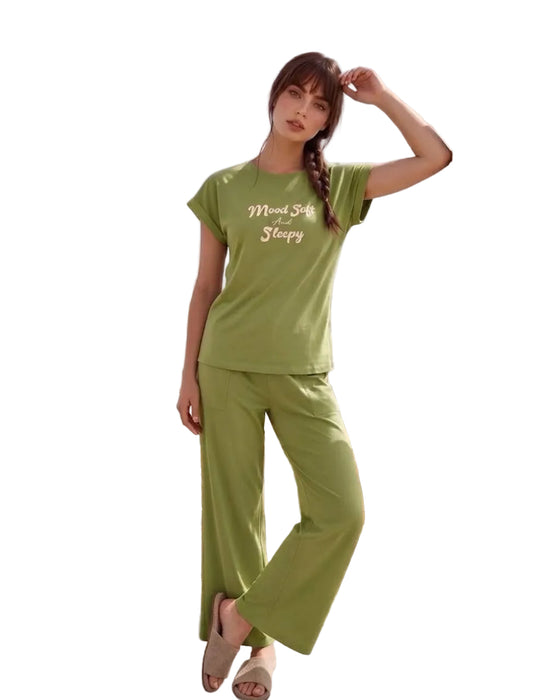 Women’s Soft Cotton Pajama Set – SM6155A - Mood Soft &   Sleepy Print Short Sleeve Loungewear, Green| SM6155A
