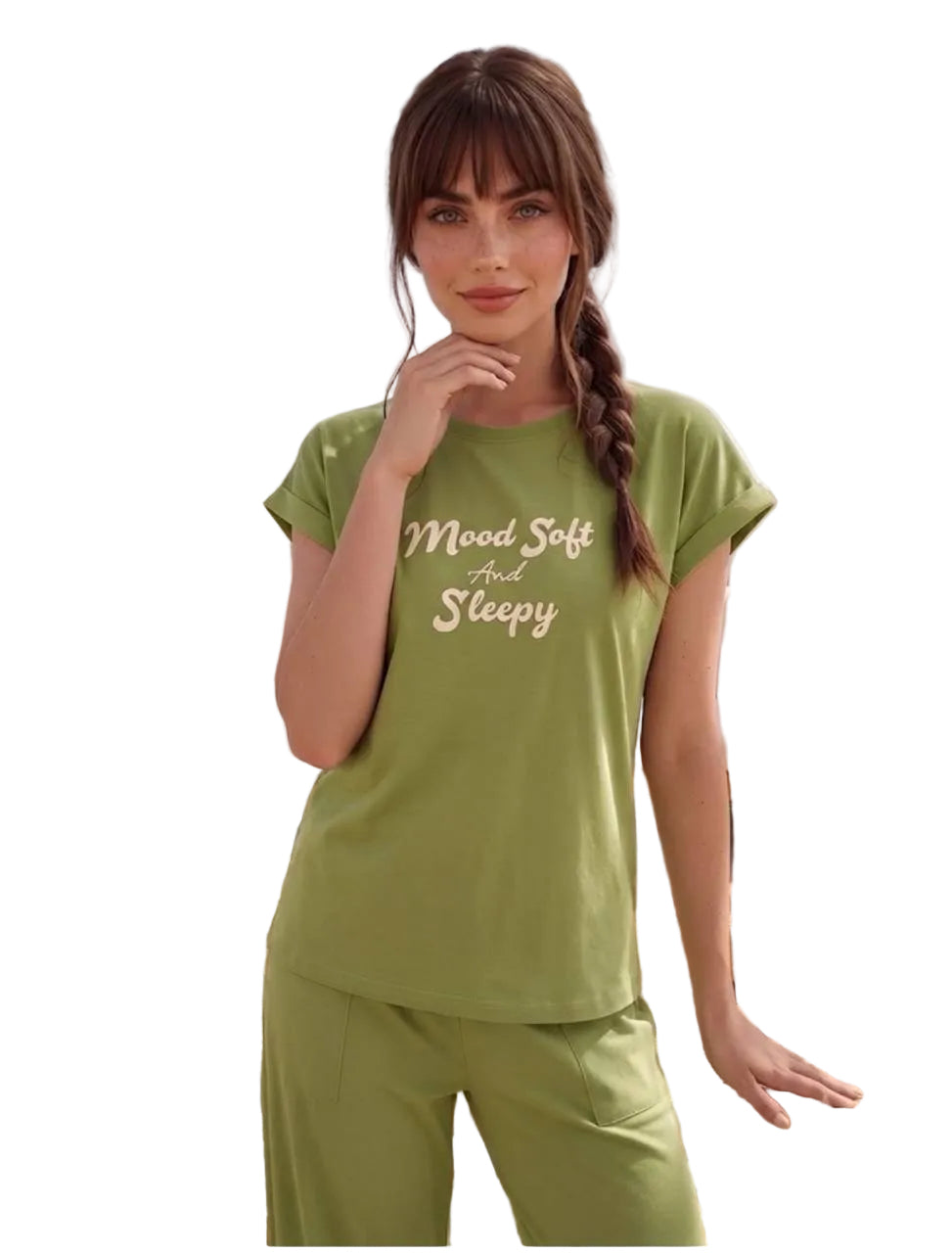 Women’s Soft Cotton Pajama Set – Mood Soft &   Sleepy Print Short Sleeve Loungewear, Green| SM6155A