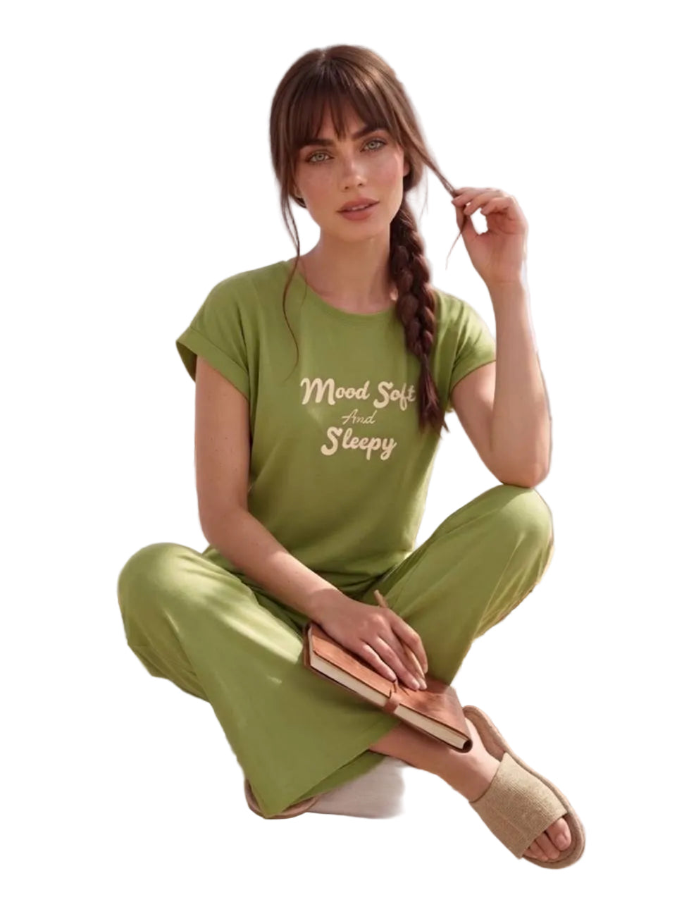 Women’s Soft Cotton Pajama Set – Mood Soft &   Sleepy Print Short Sleeve Loungewear, Green| SM6155A