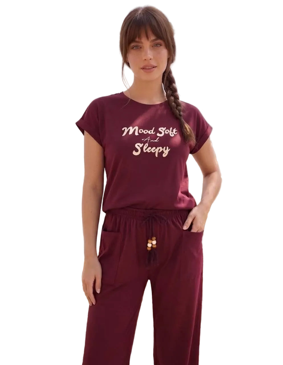 Women’s Soft Cotton Pajama Set – Mood Soft &   Sleepy Print Short Sleeve Loungewear, wine| SM6155B