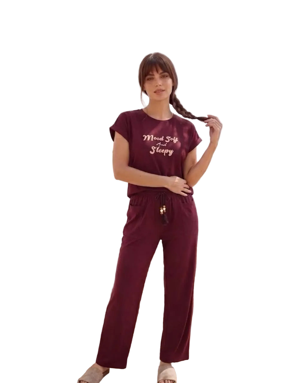 Women’s Soft Cotton Pajama Set – Mood Soft &   Sleepy Print Short Sleeve Loungewear, wine| SM6155B
