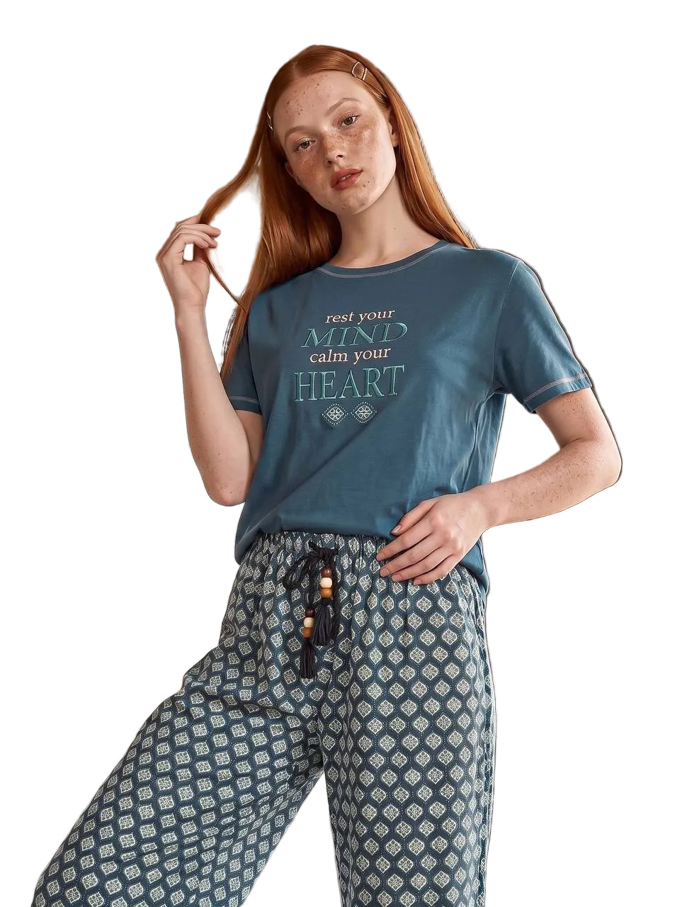 Women’s Cotton Pajama Set – Blue Printed Lounge & Sleepwear | Soft Summer Nightwear |SM6118