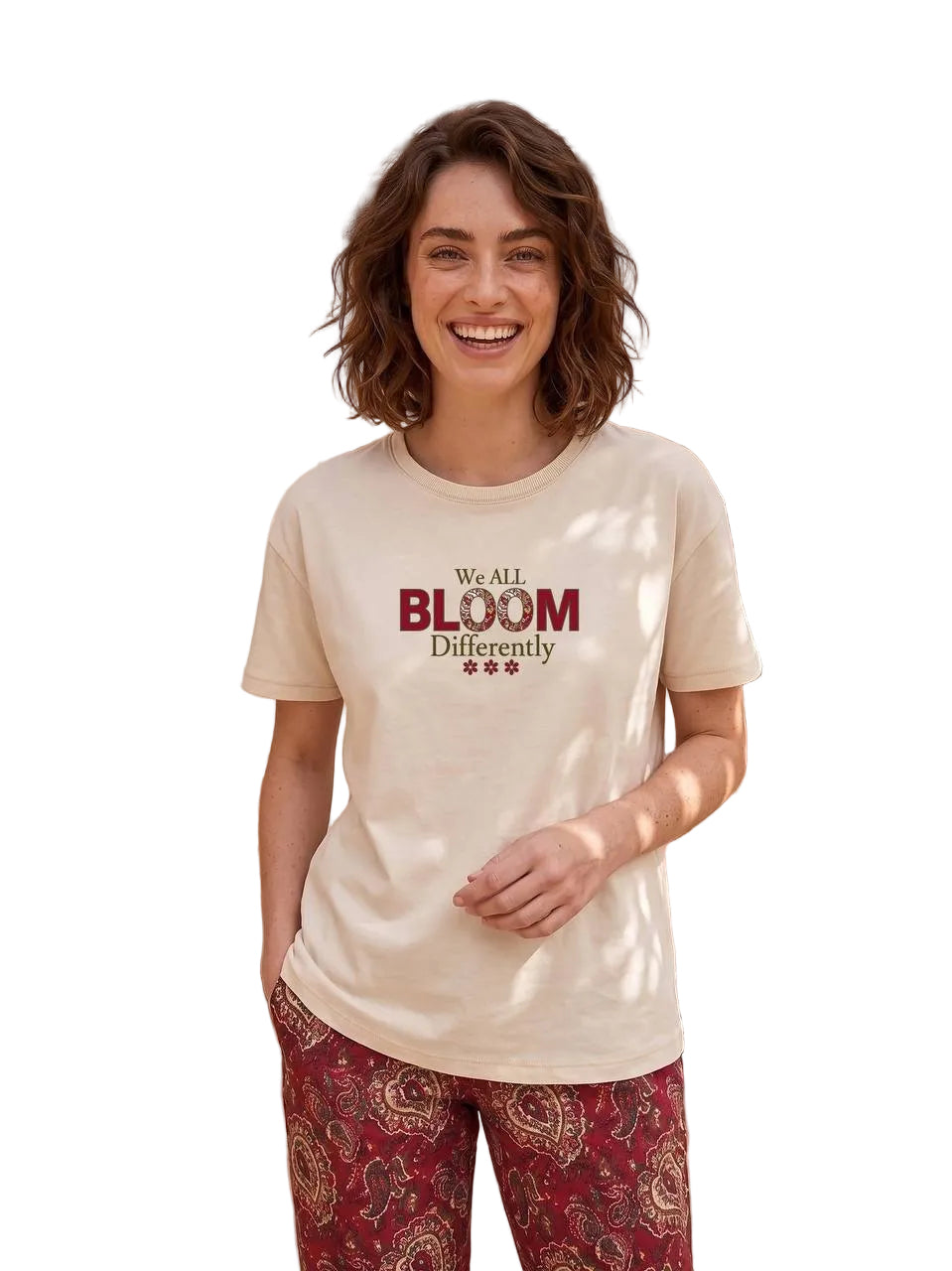 Women’s Summer Pajama Set – Bloom Print Cotton T-Shirt & Paisley Printed Pants | Soft Loungewear | SM6139B