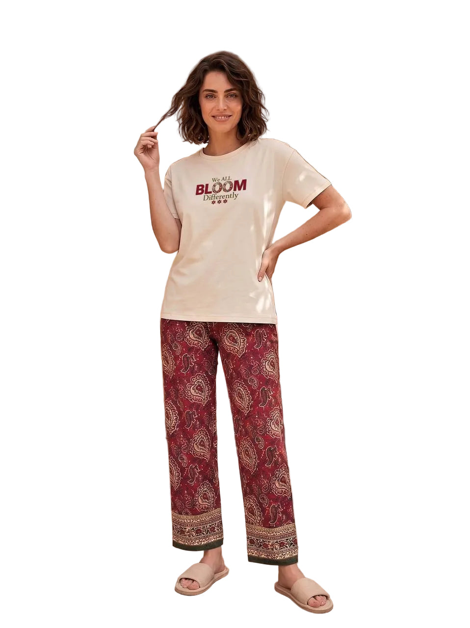 Women’s Summer Pajama Set – Bloom Print Cotton T-Shirt & Paisley Printed Pants | Soft Loungewear | SM6139B