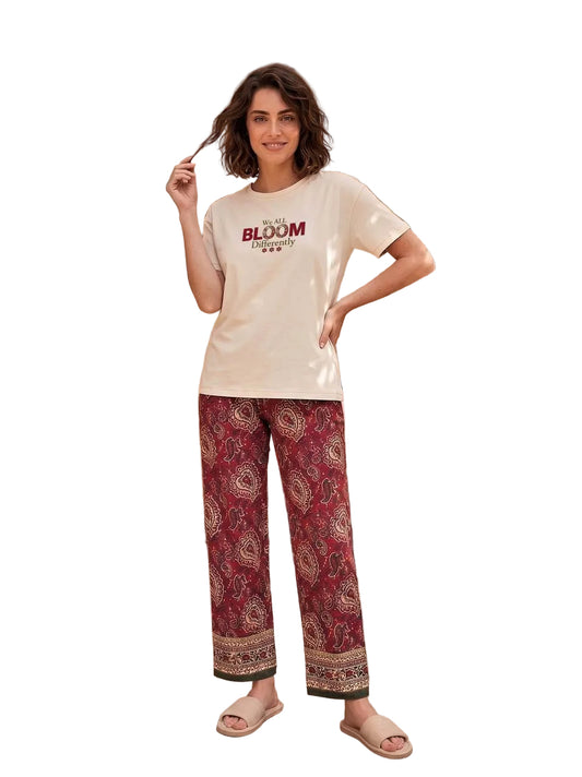Women’s Summer Pajama Set – SM6139B - Bloom Print Cotton T-Shirt & Paisley Printed Pants | Soft Loungewear | SM6139B