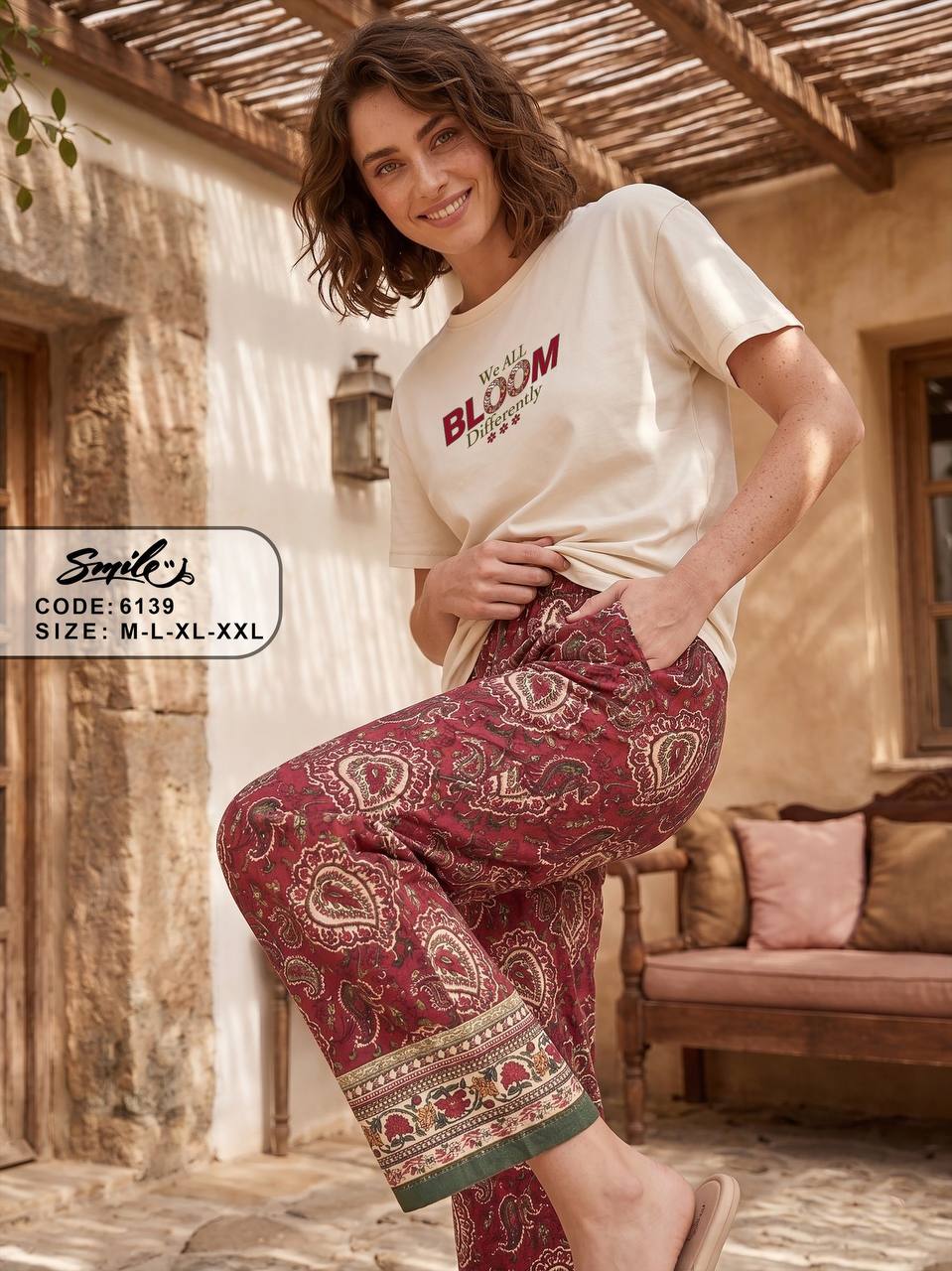 Women’s Summer Pajama Set – Bloom Print Cotton T-Shirt & Paisley Printed Pants | Soft Loungewear | SM6139B