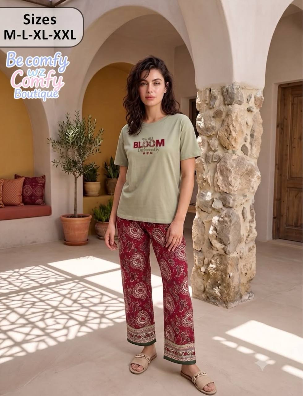 Women’s Summer Pajama Set – Bloom Print Cotton T-Shirt & Paisley Printed Pants | Soft Loungewear | SM6139A