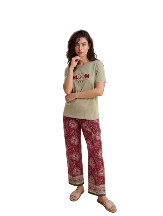Women’s Summer Pajama Set – SM6139A - Bloom Print Cotton T-Shirt & Paisley Printed Pants | Soft Loungewear | SM6139A