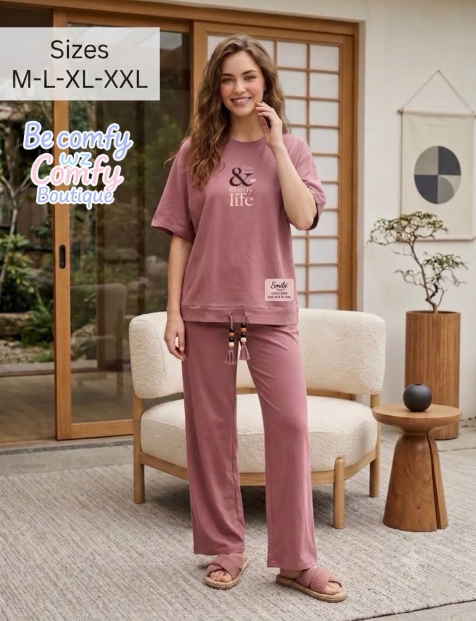 Women’s Summer Cotton Pajama Set – Dusty Rose Lounge Set with Printed T-Shirt & Drawstring Pants |SM6148A