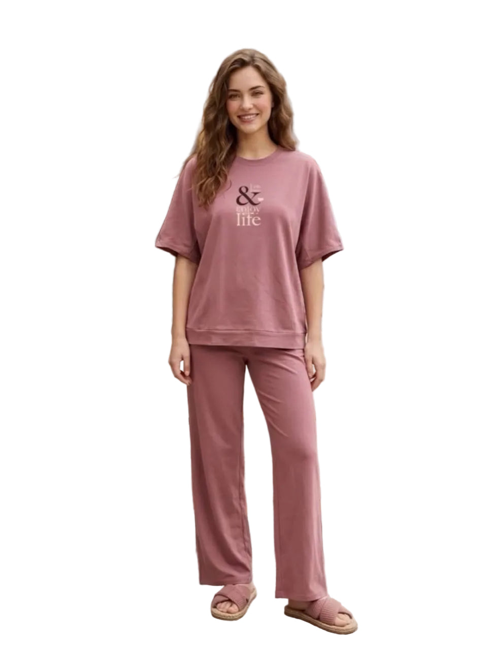 Women’s Summer Cotton Pajama Set – Dusty Rose Lounge Set with Printed T-Shirt & Drawstring Pants |SM6148A