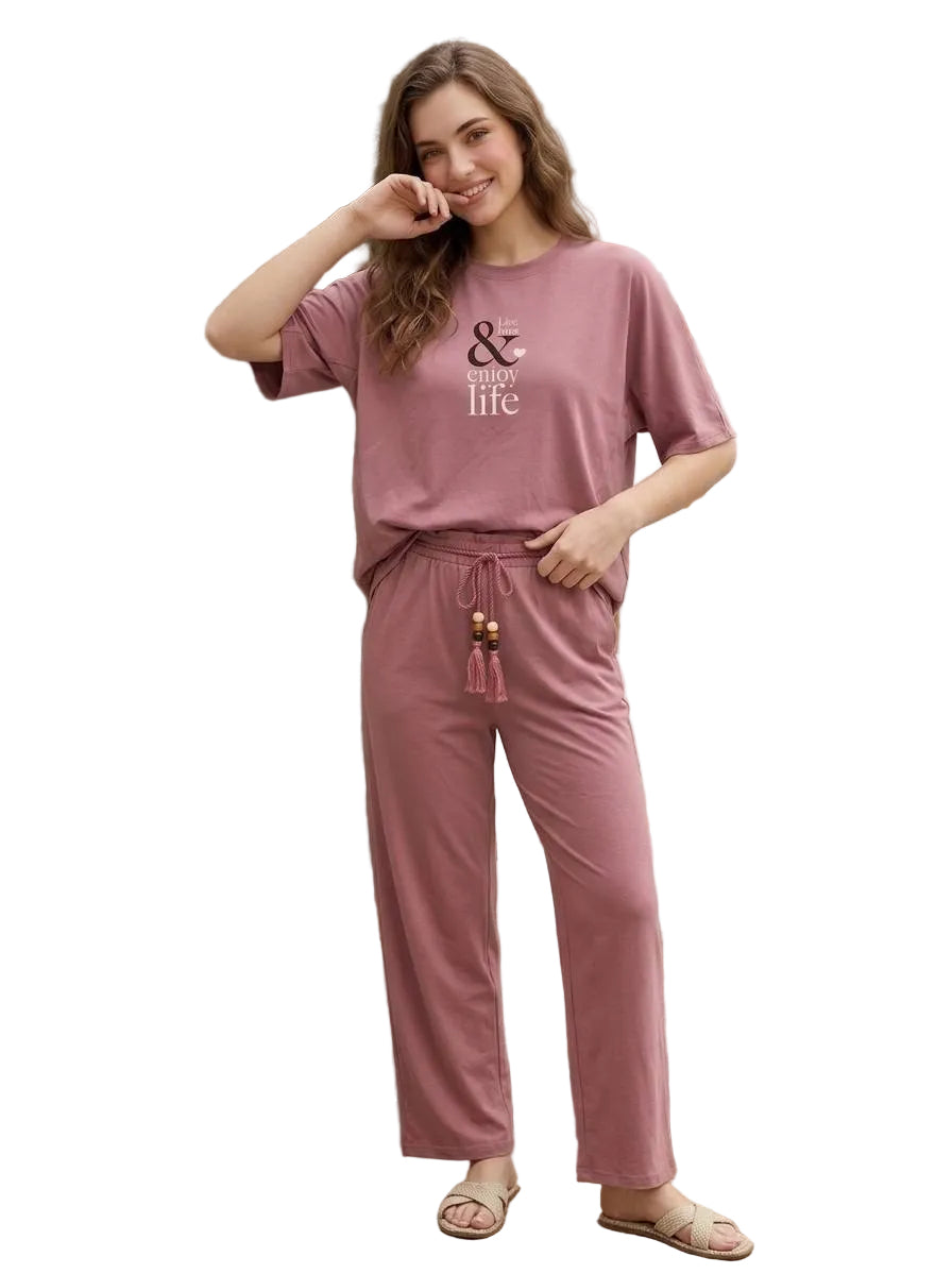 Women’s Summer Cotton Pajama Set – Dusty Rose Lounge Set with Printed T-Shirt & Drawstring Pants |SM6148A