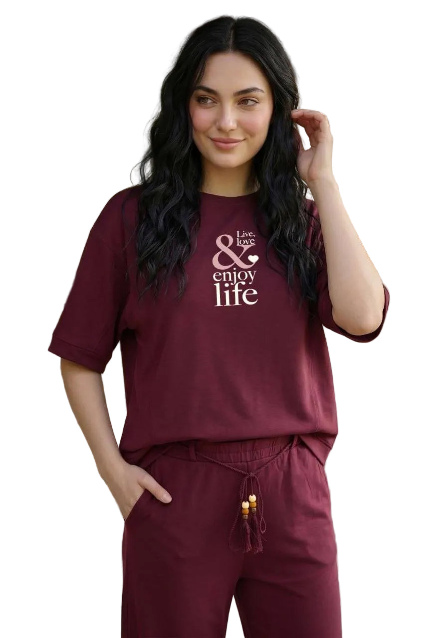 Women’s Summer Cotton Pajama Set – wine Lounge Set with Printed T-Shirt & Drawstring Pants |SM6148C