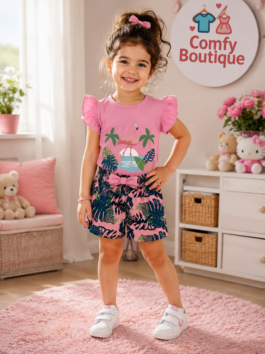 Girls Tropical Flamingo Set – Pink Summer Outfit