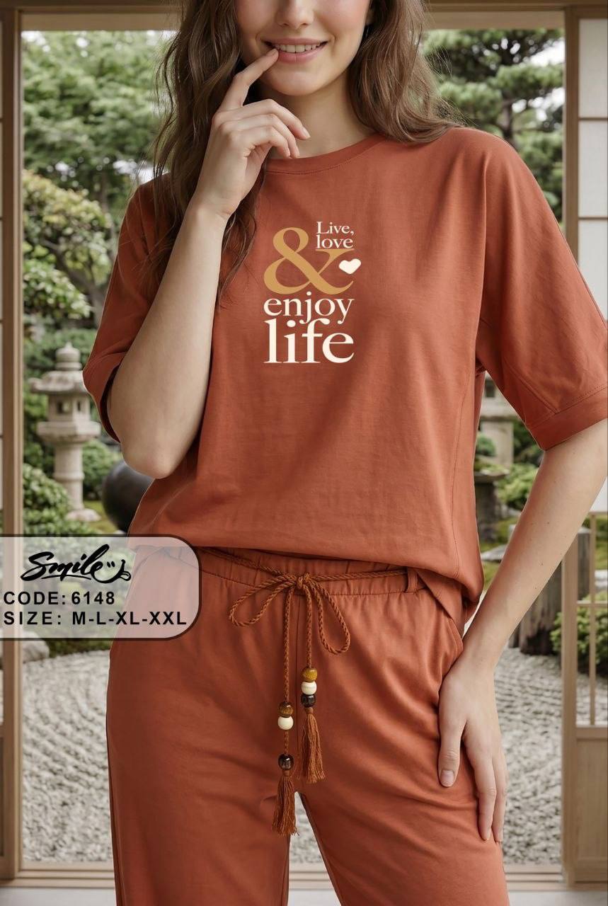 Women’s Summer Cotton Pajama Set – Terracotta Lounge Set with Printed T-Shirt & Drawstring Pants |SM6148D