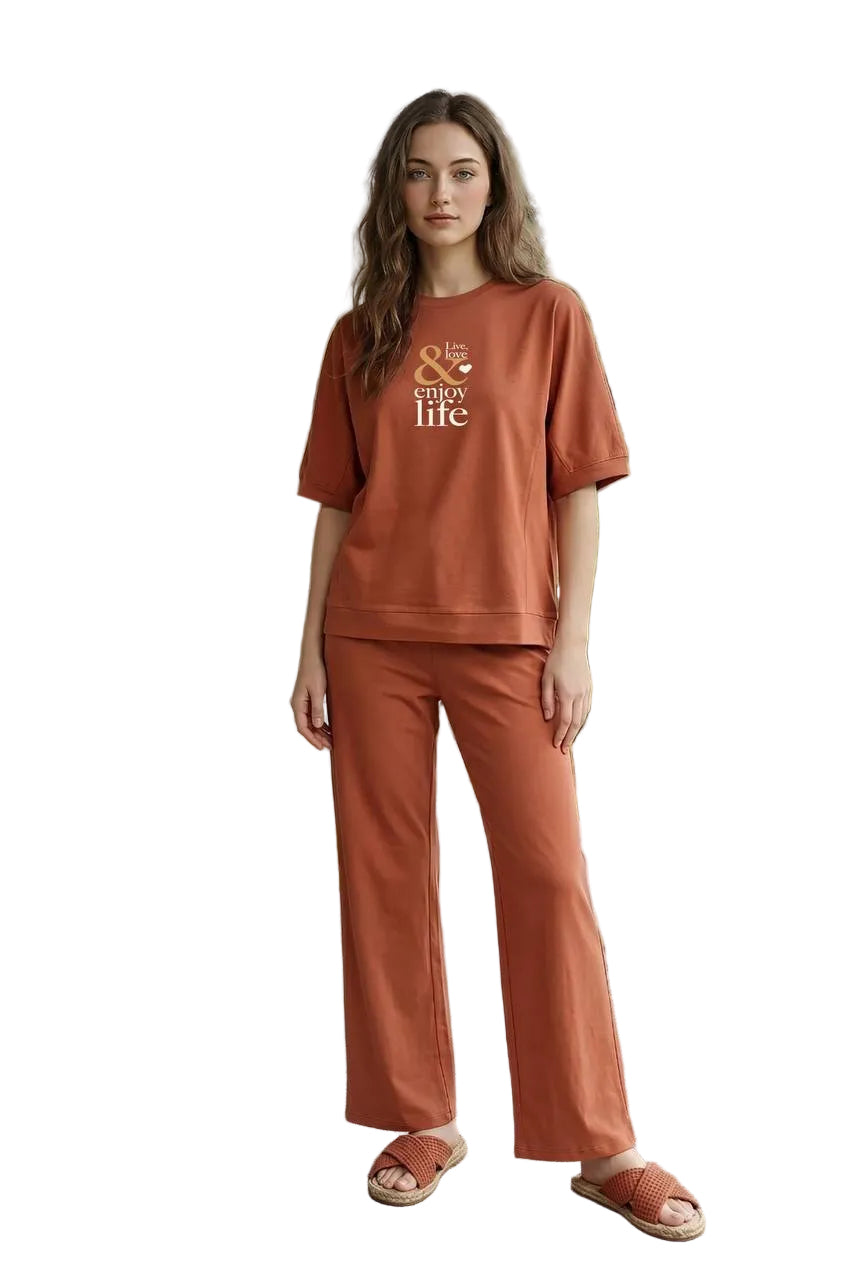 Women’s Summer Cotton Pajama Set – Terracotta Lounge Set with Printed T-Shirt & Drawstring Pants |SM6148D