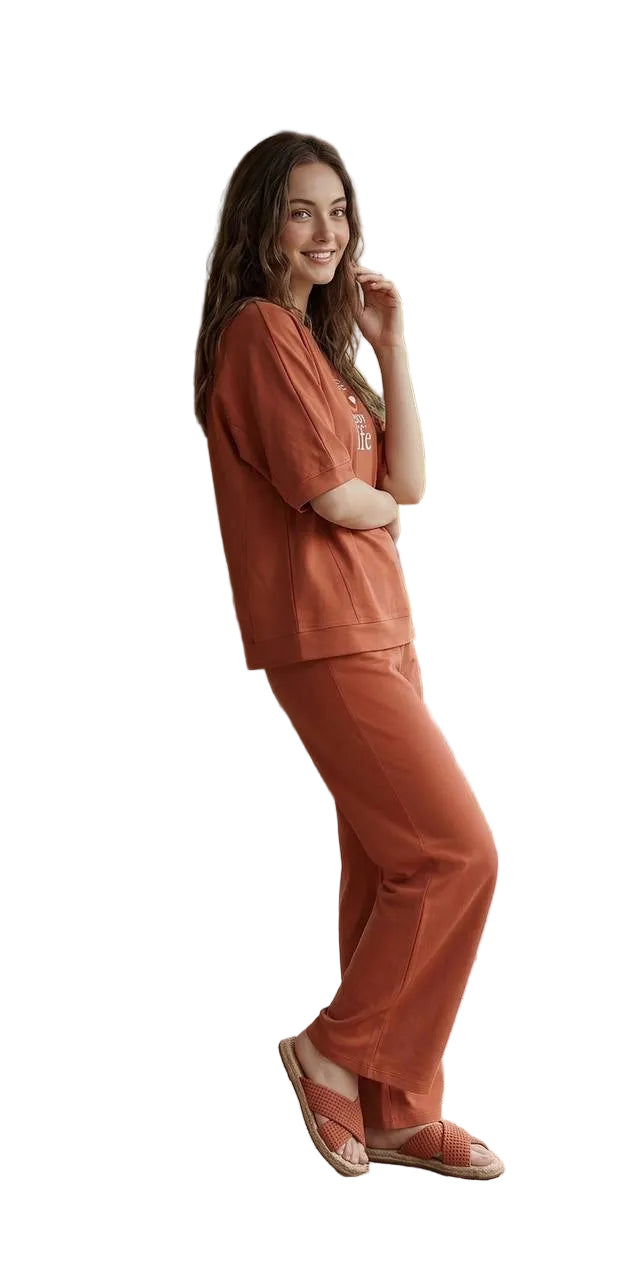 Women’s Summer Cotton Pajama Set – Terracotta Lounge Set with Printed T-Shirt & Drawstring Pants |SM6148D