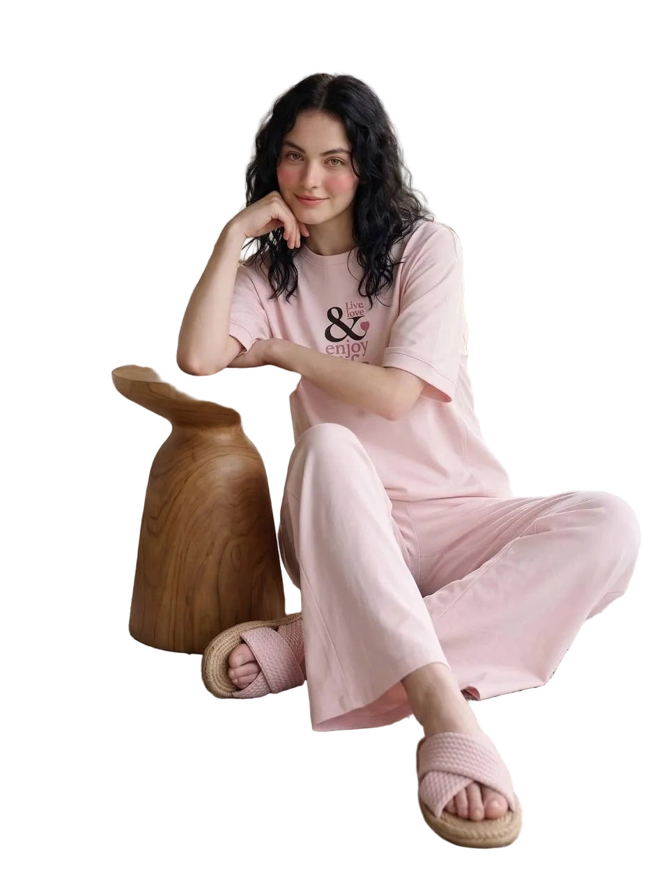 Women’s Summer Cotton Pajama Set – Blush Pink Lounge Set with Printed T-Shirt & Drawstring Pants |SM6148E