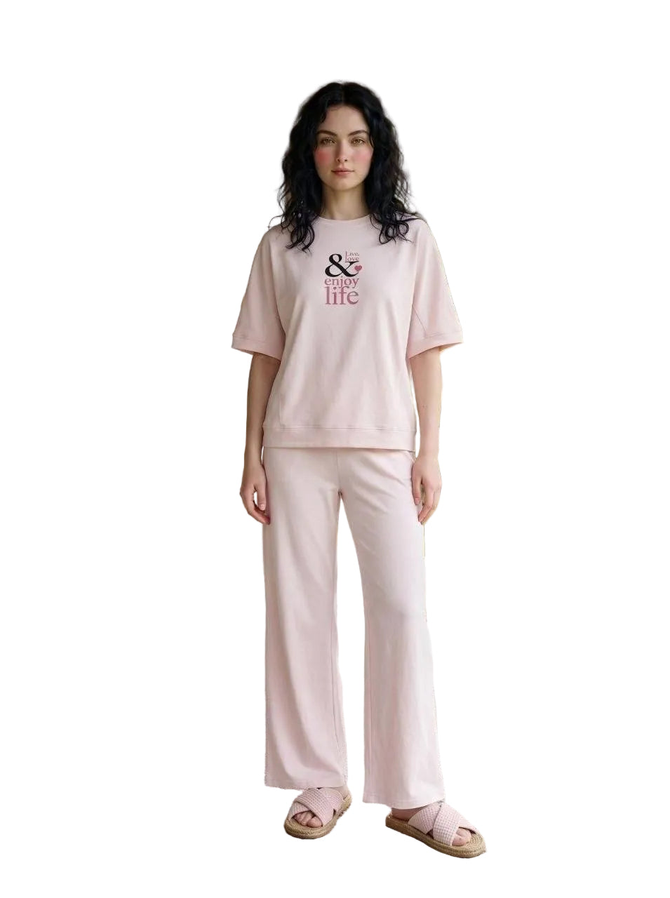 Women’s Summer Cotton Pajama Set – Blush Pink Lounge Set with Printed T-Shirt & Drawstring Pants |SM6148E