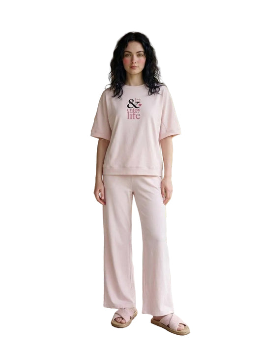 Women’s Summer Cotton Pajama Set – SM6148E - Blush Pink Lounge Set with Printed T-Shirt & Drawstring Pants |SM6148E