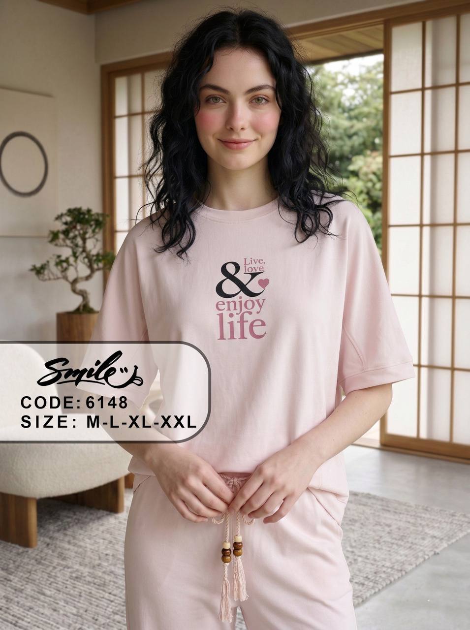 Women’s Summer Cotton Pajama Set – Blush Pink Lounge Set with Printed T-Shirt & Drawstring Pants |SM6148E