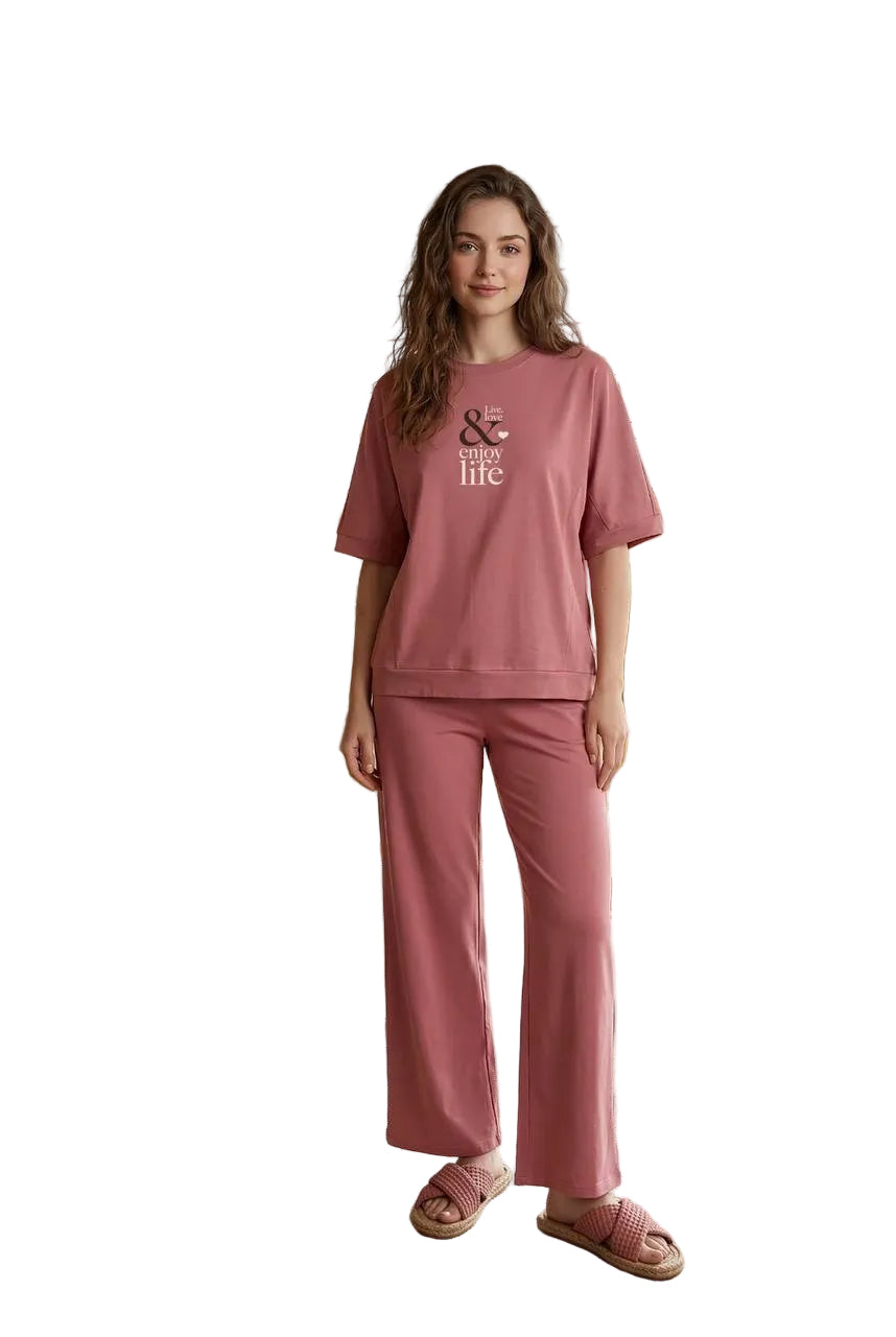 Women’s Summer Cotton Pajama Set – Old Rose Lounge Set with Printed T-Shirt & Drawstring Pants |SM6148B