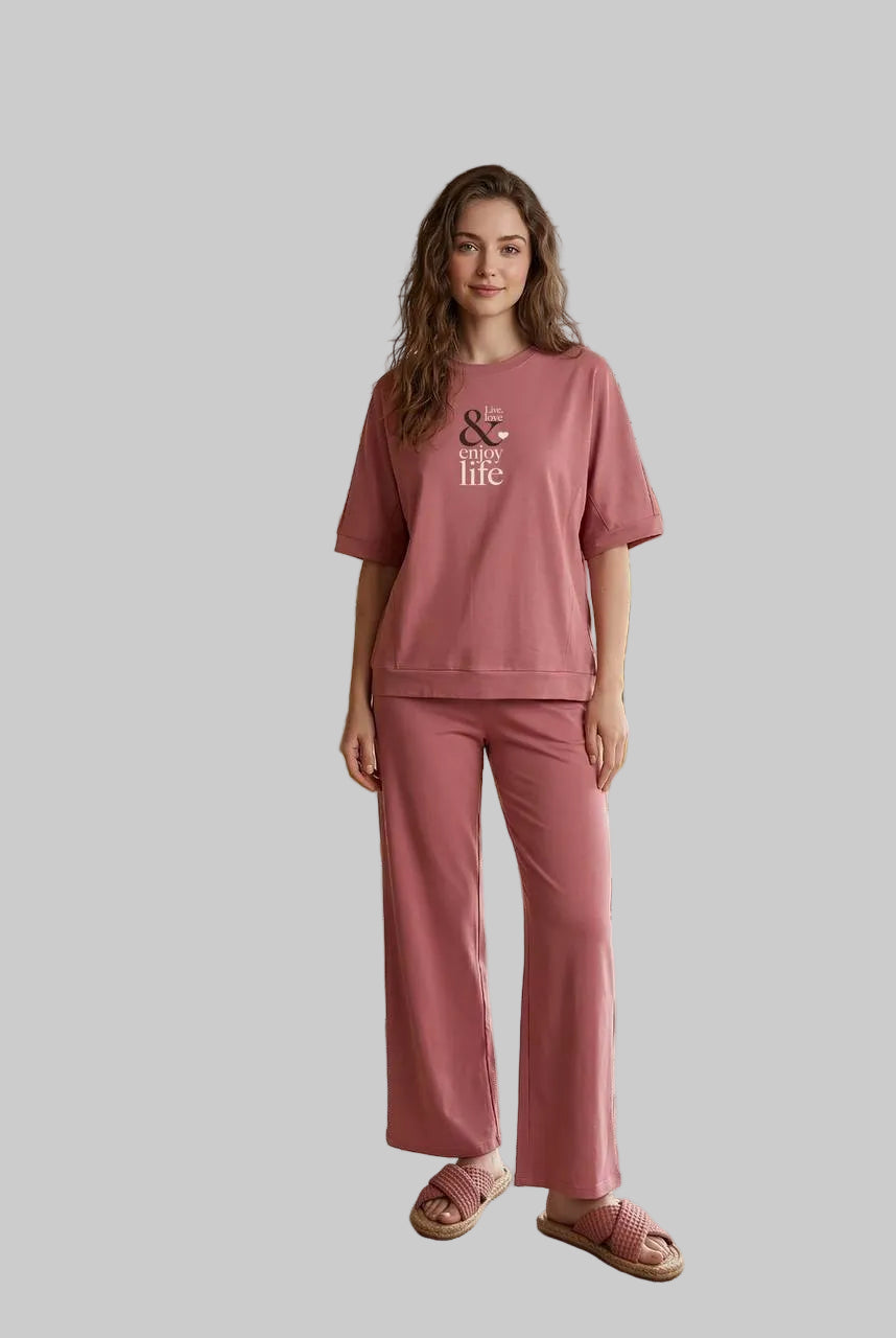 Women’s Summer Cotton Pajama Set – Old Rose Lounge Set with Printed T-Shirt & Drawstring Pants |SM6148B